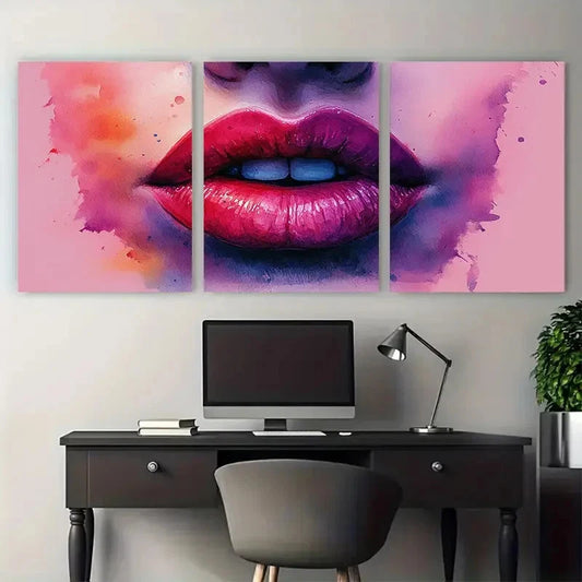 3pcs Watercolor Pink Red Purple Lips Design Metal Print Ready to Hang Art