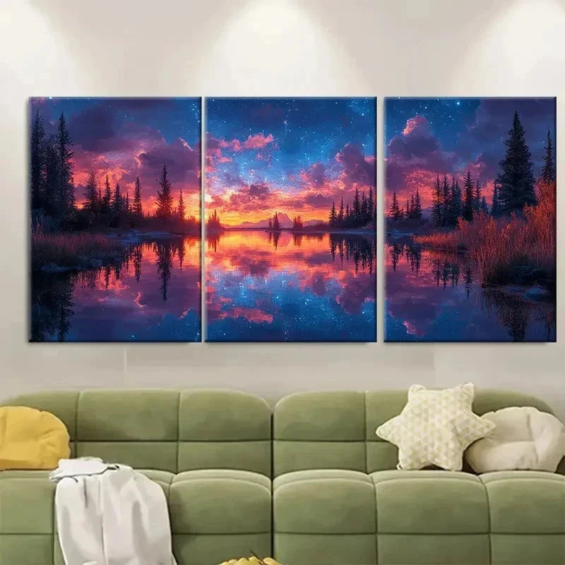 3pcs Enchanting Night Sky Reflection EI Wall Art Set Canvas Framed 60x90cm - High Quality Print 100% Australian Made Wall Canvas Ready to Hang