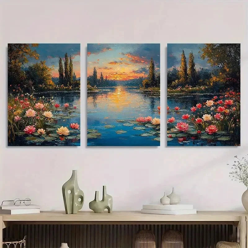 3pcs Serene Garden Scene with Lilies & Sunset Metal Print Ready to Hang Art