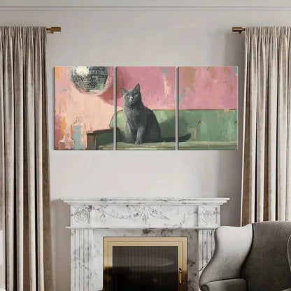 3pcs Artistic Cat Disco Ball Abstract Background Metal Print Ready to Hang Art