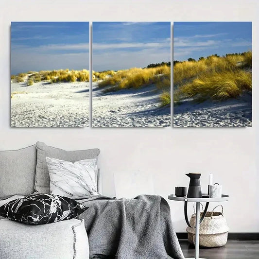 3pcs Sunlit Sand Beach Clear Sky Metal Print Ready to Hang Art