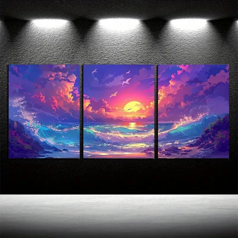 3pcs Vibrant Chic Quiet Beach Illustration Metal Print Ready to Hang Art