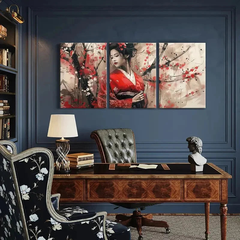 3pcs Kimono Cherry Blossoms Japanese Traditional Metal Print Ready to Hang Art