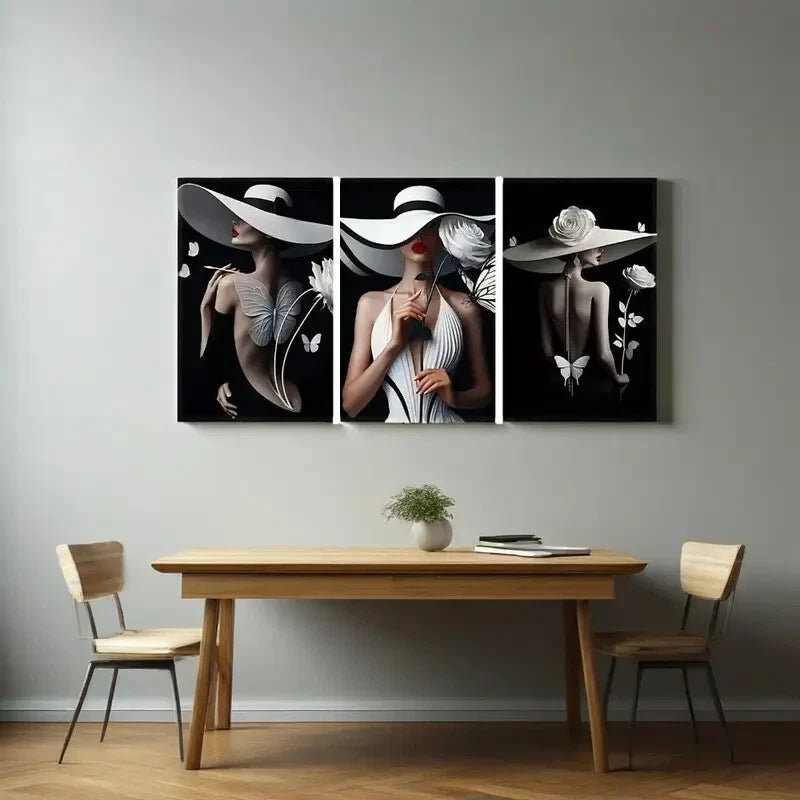 3pcs three female minimalist art hat oil painting  Metal Print Ready to Hang Art