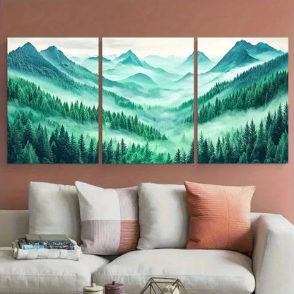 3pcs Emerald Green Forest Misty Mountain Wall Art Set Canvas Framed 60x90cm - High Quality Print 100% Australian Made Wall Canvas Ready to Hang