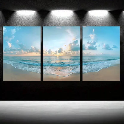 3pcs Beautiful Beach with Golden Sand & Sunset Sky Canvas Framed 40x60cm - High Quality Print 100% Australian Made Wall Canvas Ready to Hang