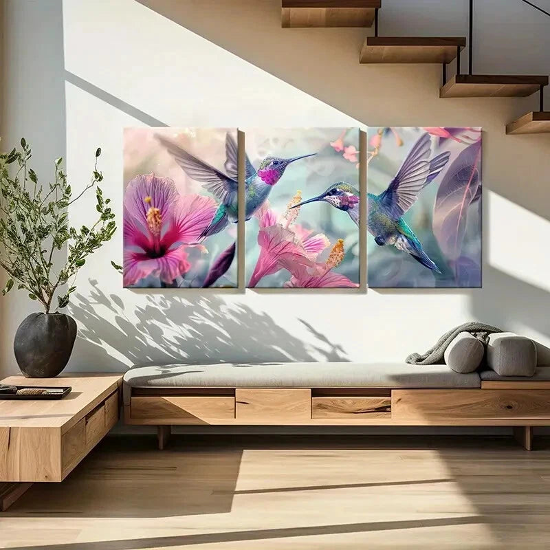3pcs Vibrant Hummingbirds Exotic Flowers Metal Print Ready to Hang Art