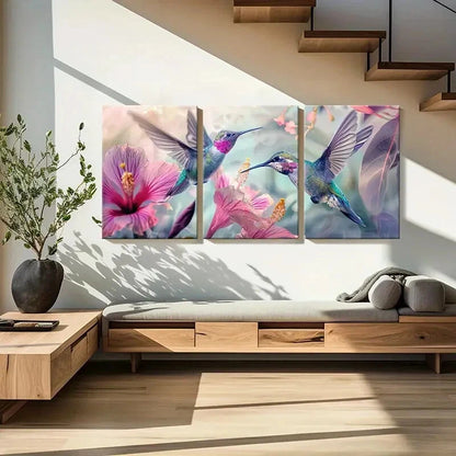 3pcs Vibrant Hummingbirds Exotic Flowers Metal Print Ready to Hang Art