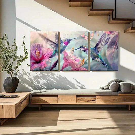 3pcs Vibrant Hummingbirds Exotic Flowers Metal Print Ready to Hang Art