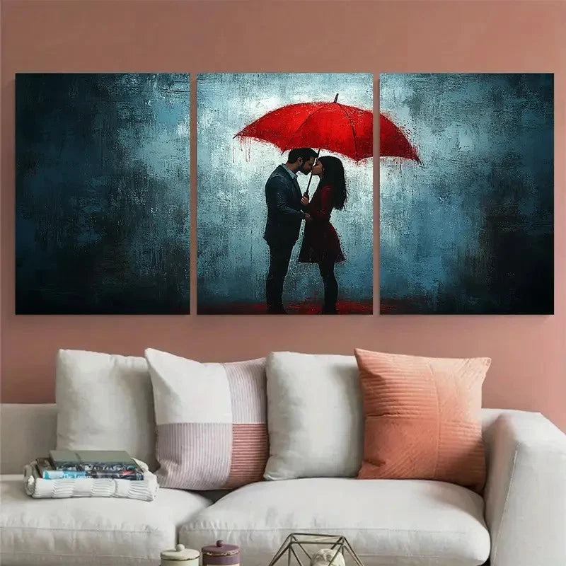 3pcs Romantic Couple Kissing Under Red Umbrella Wall Art Set Canvas Framed 40x60cm - High Quality Print 100% Australian Made Wall Canvas Ready to Hang