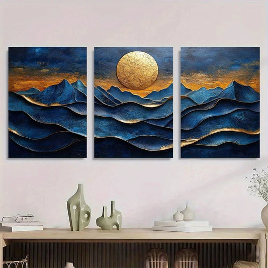 3pcs Nordic Style Oil Painting Golden Foil Waves Metal Print Ready to Hang Art