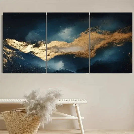 3pcs Celestial Moody Blue and Golden Abstract Metal Print Ready to Hang Art