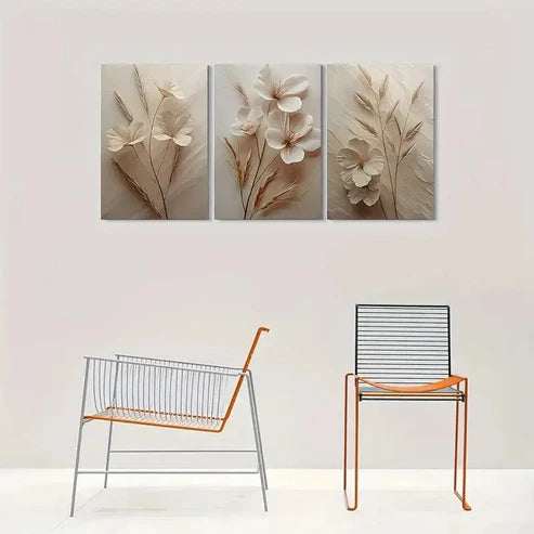 3pcs Beige White Flowers with Stems and Leaves Wall Art Set Canvas Unframed - High Quality Print 100% Australian Made Wall Canvas
