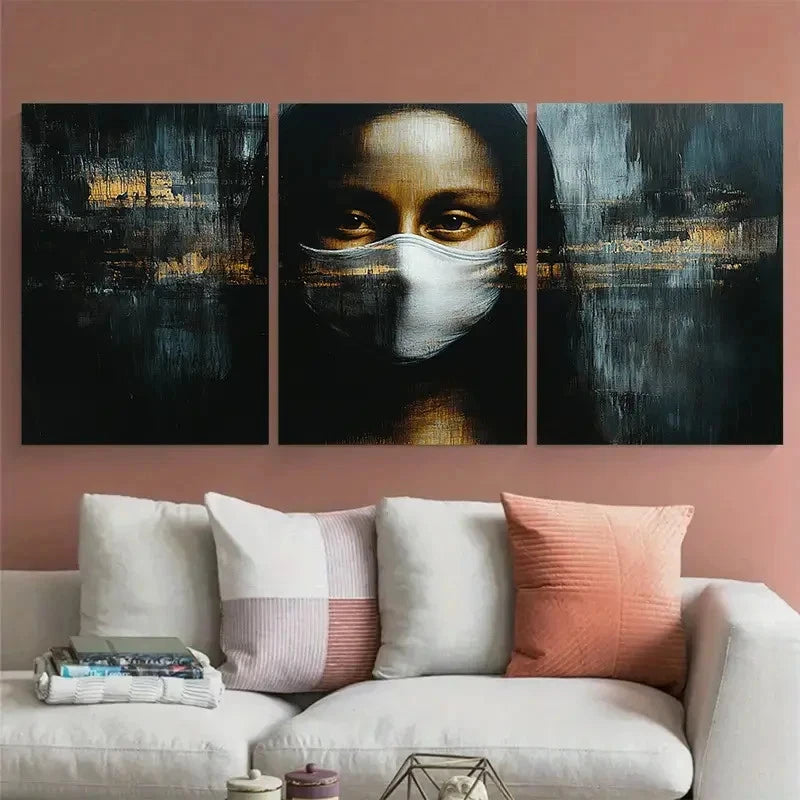 3pcs Mona Lisa Face Mask Illustration Metal Print Ready to Hang Art