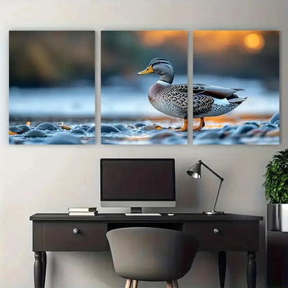 3pcs Wild Grey Duck Standing On The Seashore Metal Print Ready to Hang Art