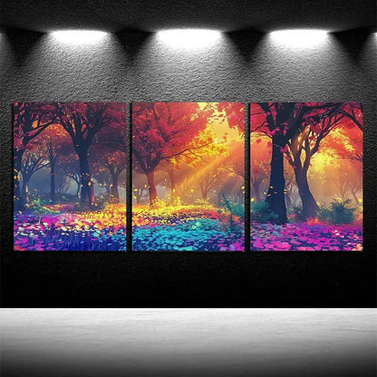 3pcs Vibrant Enchanted Forest Sunlight Scenery Metal Print Ready to Hang Art