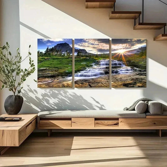 3pcs Mountains Streams Rising Sun Modern Wall Art Set Canvas Framed 40x60cm - High Quality Print 100% Australian Made Wall Canvas Ready to Hang