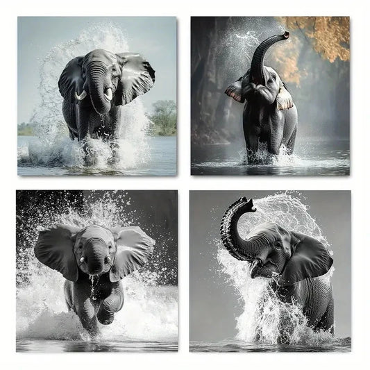 4pcs Realistic Elephant Pose Wall Art Canvas Framed