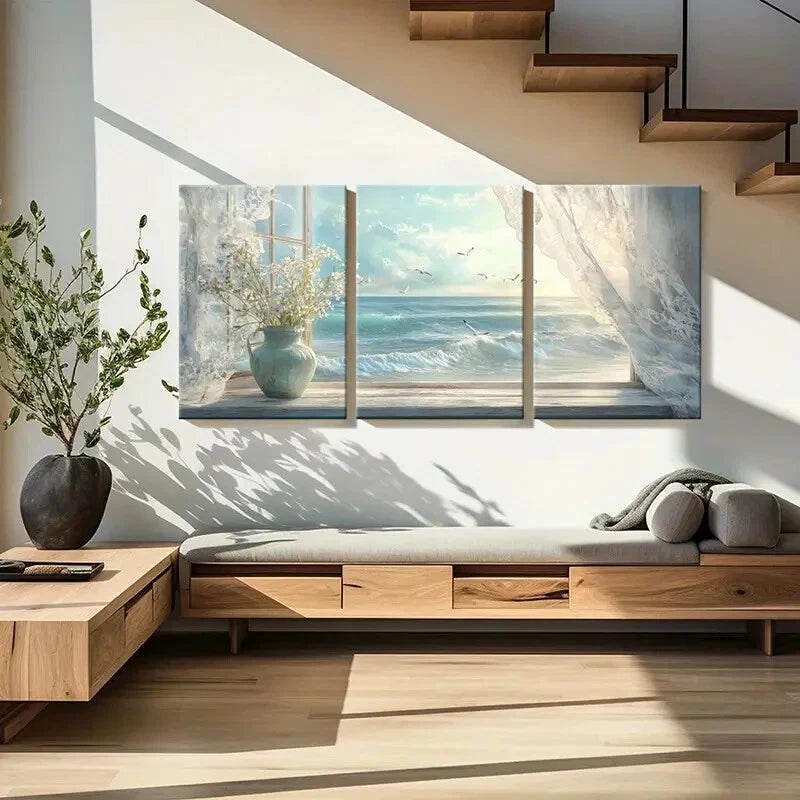 3pcs Scenic Sea View from Open Window Metal Print Ready to Hang Art
