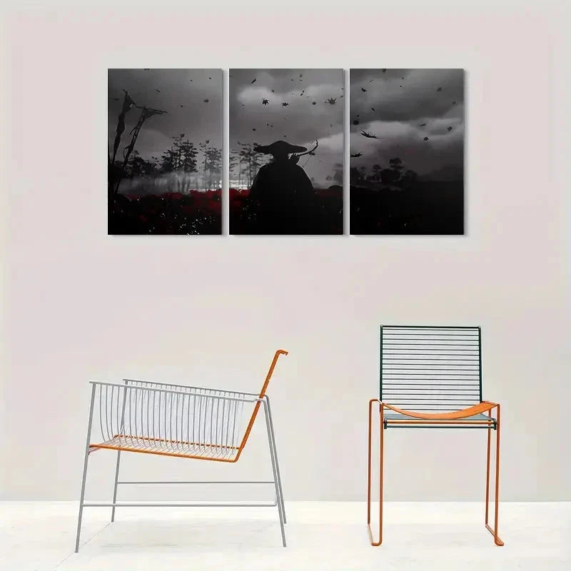 3pcs Samurai Warrior Scene Bow Cherry Blossoms Metal Print Ready to Hang Art