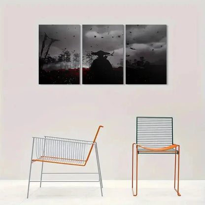 3pcs Samurai Warrior Scene Bow Cherry Blossoms Metal Print Ready to Hang Art