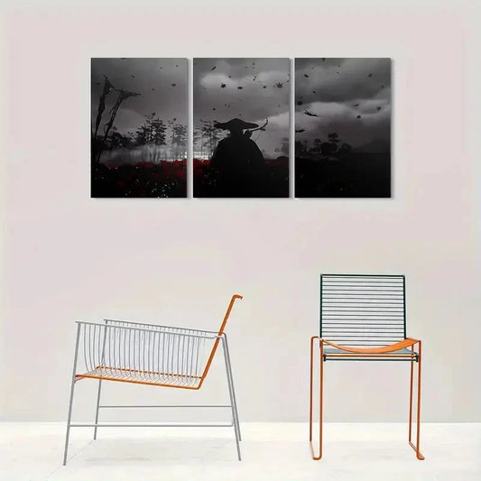 3pcs Samurai Warrior Scene Bow Cherry Blossoms Metal Print Ready to Hang Art