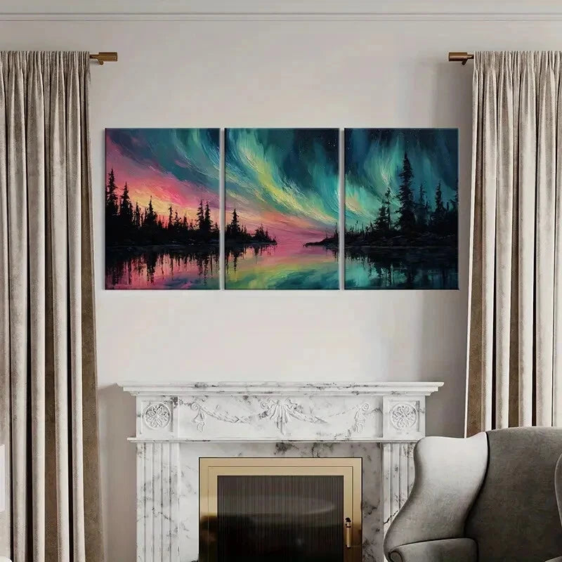 3pcs Northern Lights Forest Reflection Abstract Metal Print Ready to Hang Art