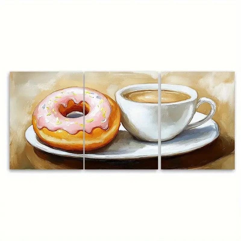 3pcs Coffee and Donut Painting Breakfast Wall Art Set Canvas Framed 50x70cm - High Quality Print 100% Australian Made Wall Canvas Ready to Hang