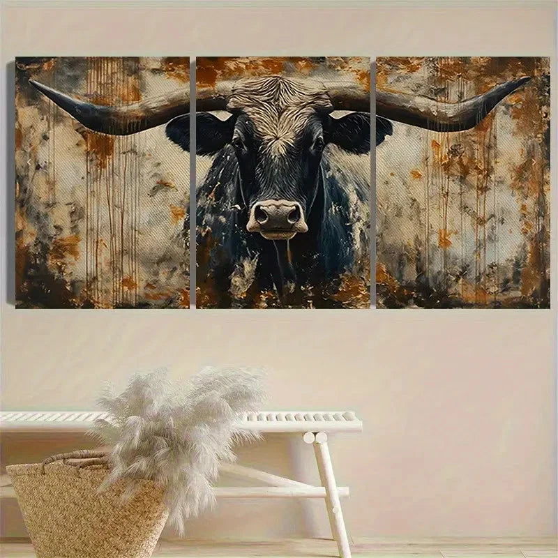 3pcs Textured Black Bull Painting Wall Art Set Canvas Framed 40x60cm - High Quality Print 100% Australian Made Wall Canvas Ready to Hang