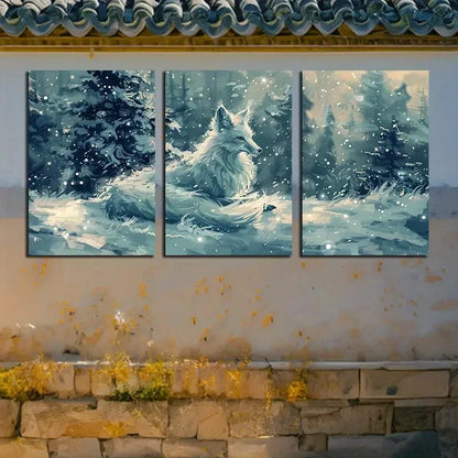 3pcs White Fox Snowy Forest Scene, Modern Wildlife Metal Print Ready to Hang Art