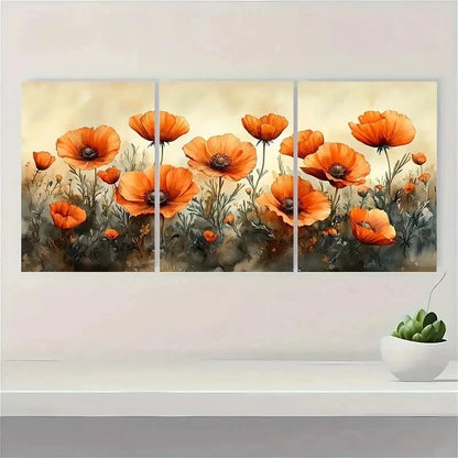 3pcs Vibrant Orange Poppies Blooming Perfect Wall Art Set Canvas Framed 40x60cm - High Quality Print 100% Australian Made Wall Canvas Ready to Hang