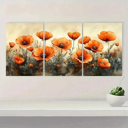 3pcs Vibrant Orange Poppies Blooming Perfect Wall Art Set Canvas Framed 40x60cm - High Quality Print 100% Australian Made Wall Canvas Ready to Hang