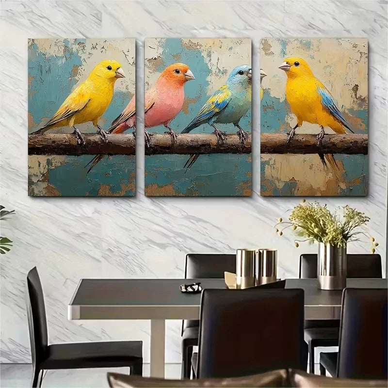 3pcs Canary Birds Painting Metal Print Ready to Hang Art