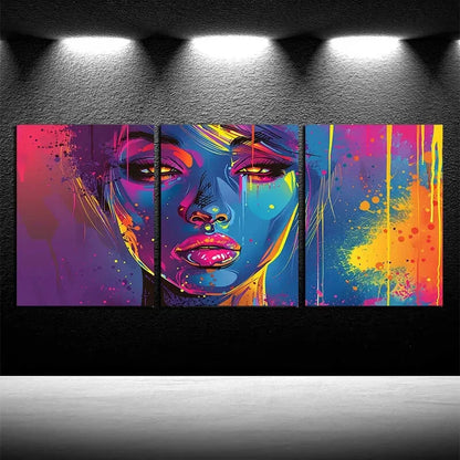 3pcs Vibrant Splash Paint Woman Portrait Metal Print Ready to Hang Art