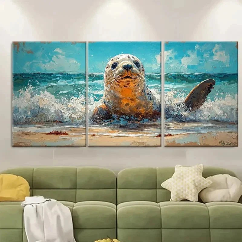 3pcs Vibrant Seal Beach Marine Animals ER  Wall Art Set Canvas Framed 50x70cm - High Quality Print 100% Australian Made Wall Canvas Ready to Hang