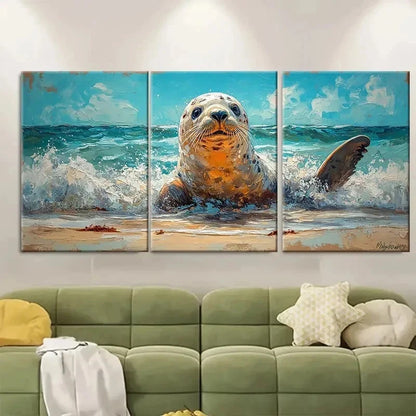 3pcs Vibrant Seal Beach Marine Animals ER  Wall Art Set Canvas Framed 50x70cm - High Quality Print 100% Australian Made Wall Canvas Ready to Hang