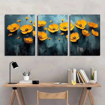3pcs Yellow Poppies on Gray Modern Abstract Metal Print Ready to Hang Art