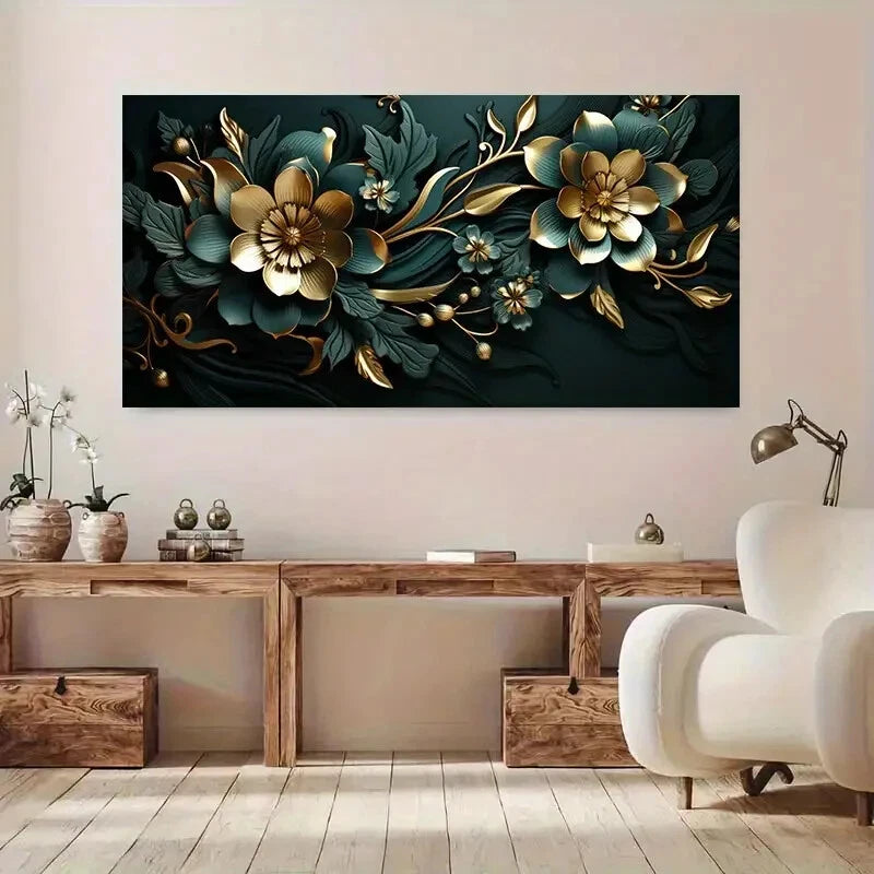 Modern Green with Flowers wall canvas office home room framed 120x60cm