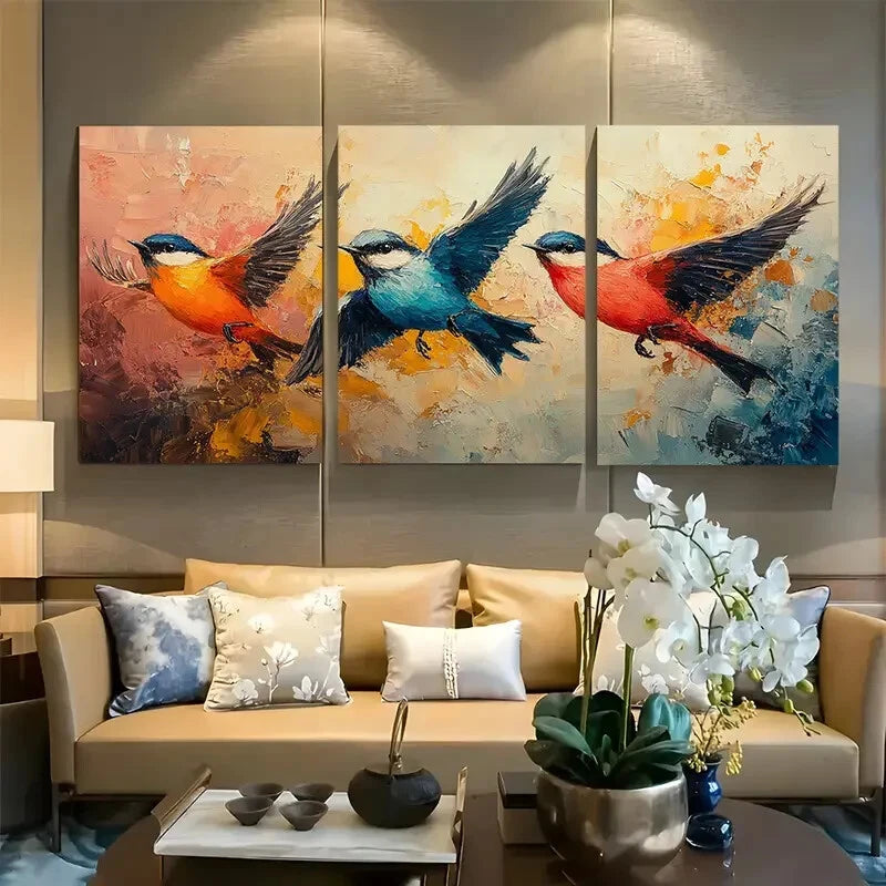 3pcs Vibrant Abstract Birds in Flight Metal Print Ready to Hang Art