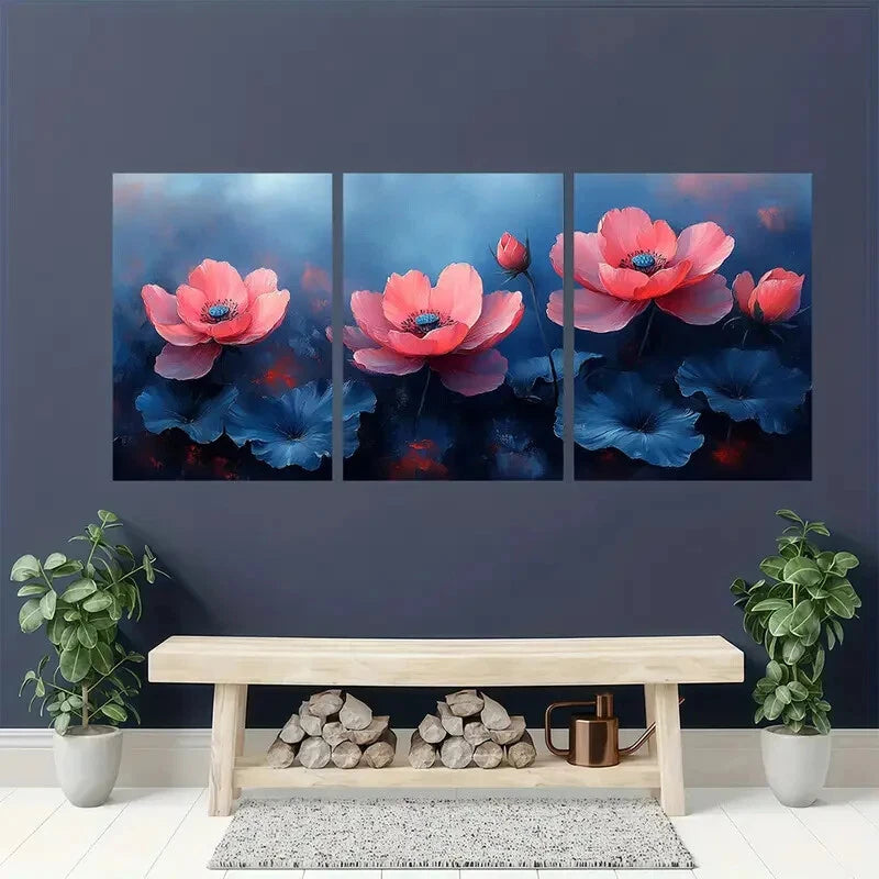 3pcs Rain Kissed Vibrant Bloom Floral Painting Metal Print Ready to Hang Art