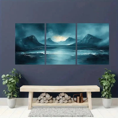 3pcs Teal Gray Abstract Landscape Minimalist Metal Print Ready to Hang Art