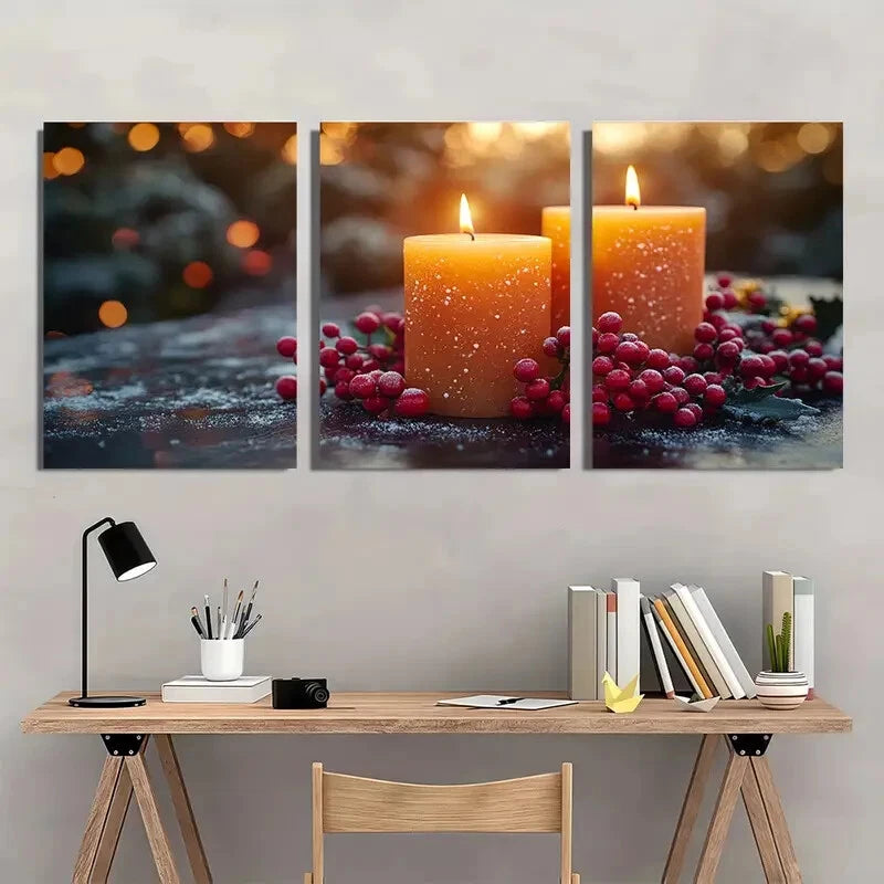 3pcs Festive Candle Christmas Candlelight Design Metal Print Ready to Hang Art