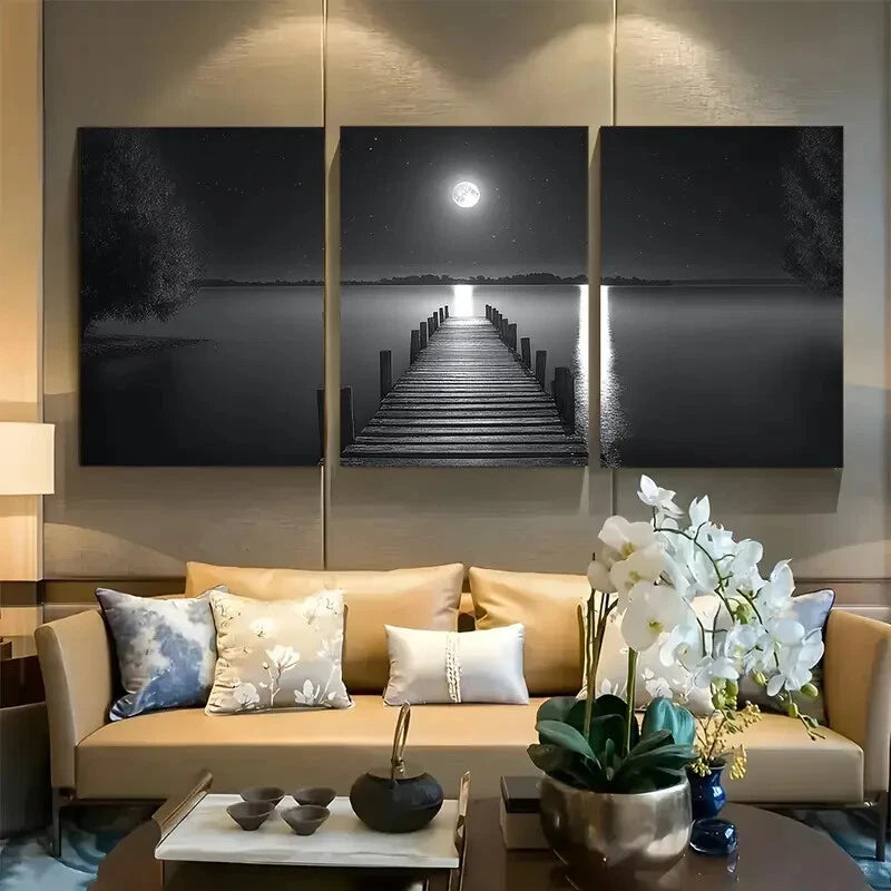 3pcs Tranquil Lake Night Scene Metal Print Ready to Hang Art