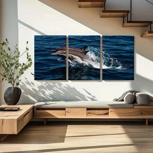 3pcs Dolphins Jumping Out Of The Sea Marine Life Wall Art Set Canvas Framed 40x60cm - High Quality Print 100% Australian Made Wall Canvas Ready to Hang