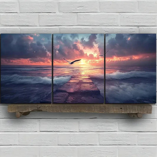 3pcs The Dock Under The Wind And Rain Metal Print Ready to Hang Art