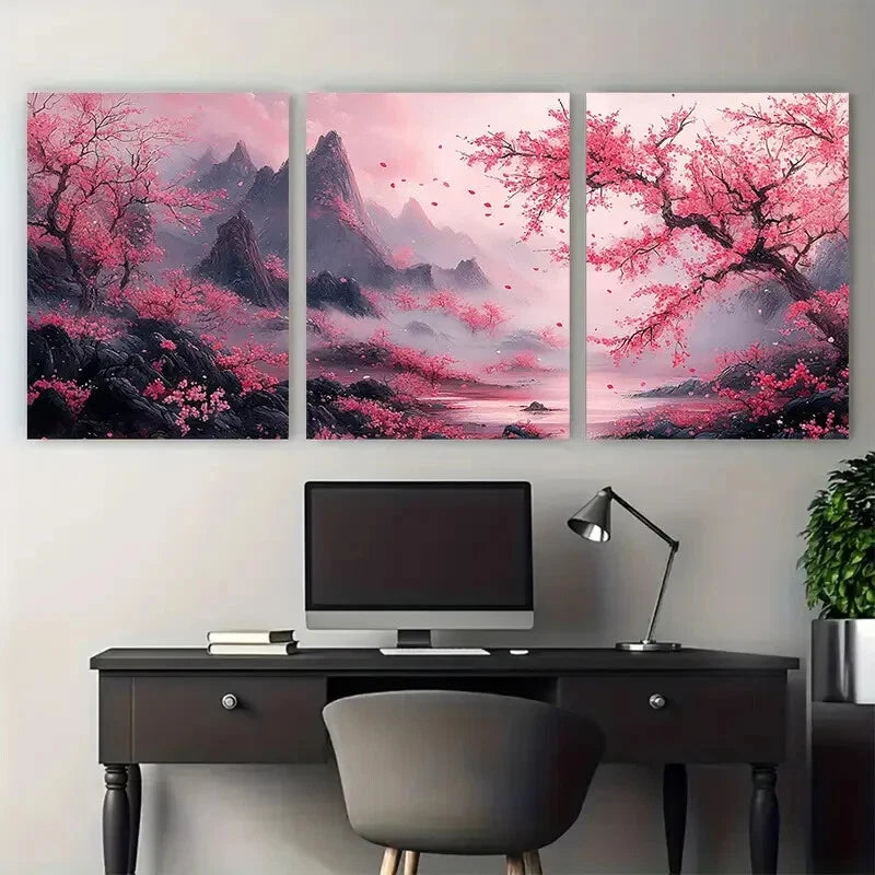 3pcs Japanese Illustration Cherry blossom Pink Metal Print Ready to Hang Art