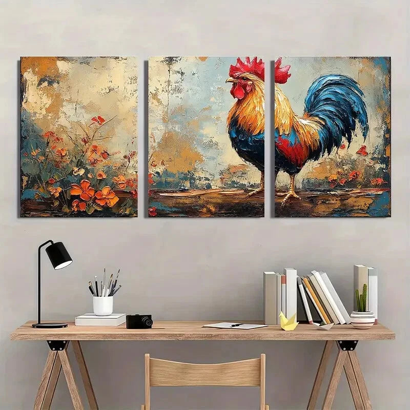 3pcs Vibrant Blue Red & Golden Rooster Metal Print Ready to Hang Art