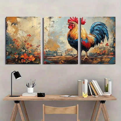 3pcs Vibrant Blue Red & Golden Rooster Metal Print Ready to Hang Art