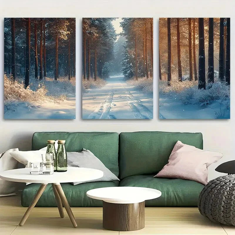 3pcs Serene Winter Landscape in Blue Tones Metal Print Ready to Hang Art