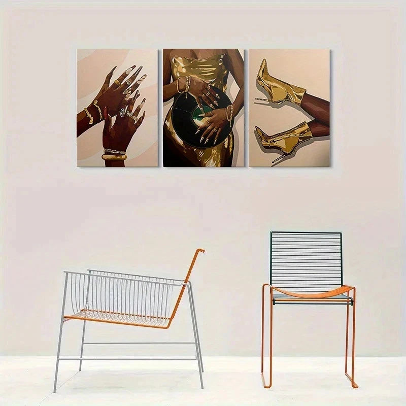 3pcs Golden Fashion Heels and Jewelry Metal Print Ready to Hang Art